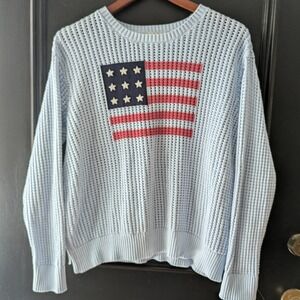 American Flag Sweater Light Blue Cotton Open Knit Womens XL Americana July 4th